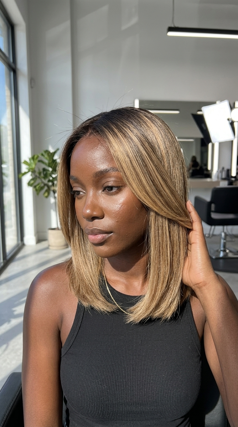 collarbone-length blunt cut with creamy butterscotch blonde color and dark chocolate root, no layers — bold modern