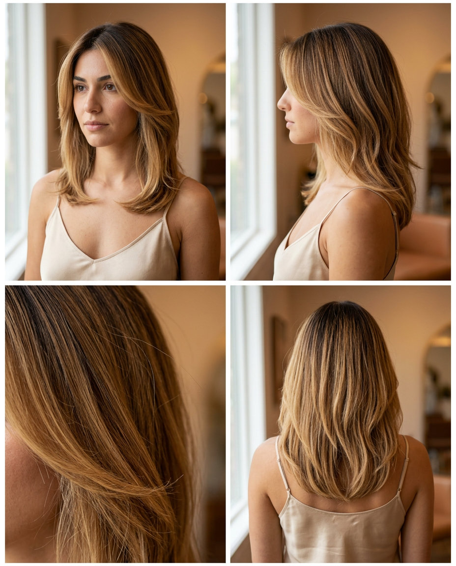 long butterscotch honey color melt with rich brown base, warm caramel mid-lengths, creamy ends — romantic, soft