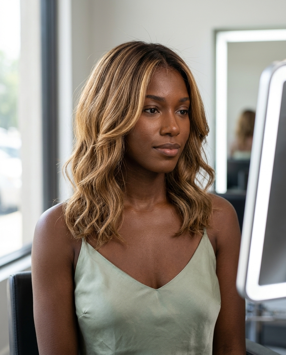 medium-length layered haircut with butterscotch blonde highlights and dark chocolate base, face-framing layers — playful bohemian