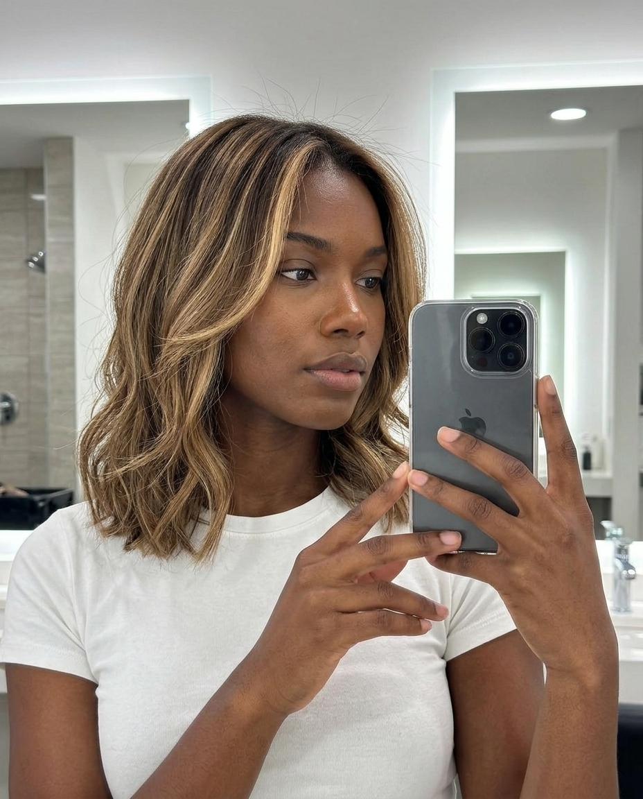 shoulder-length long bob haircut with warm butterscotch blonde highlights, face-framing pieces, no bangs — effortless chic