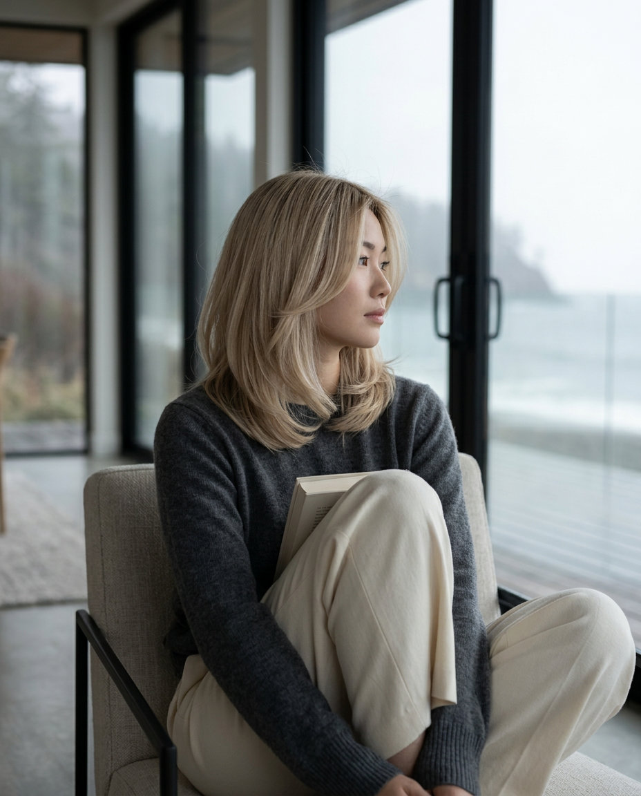 shoulder-length C-cut haircut with cool buttery blonde, soft root smudge, and face-framing layers for relaxed professional style