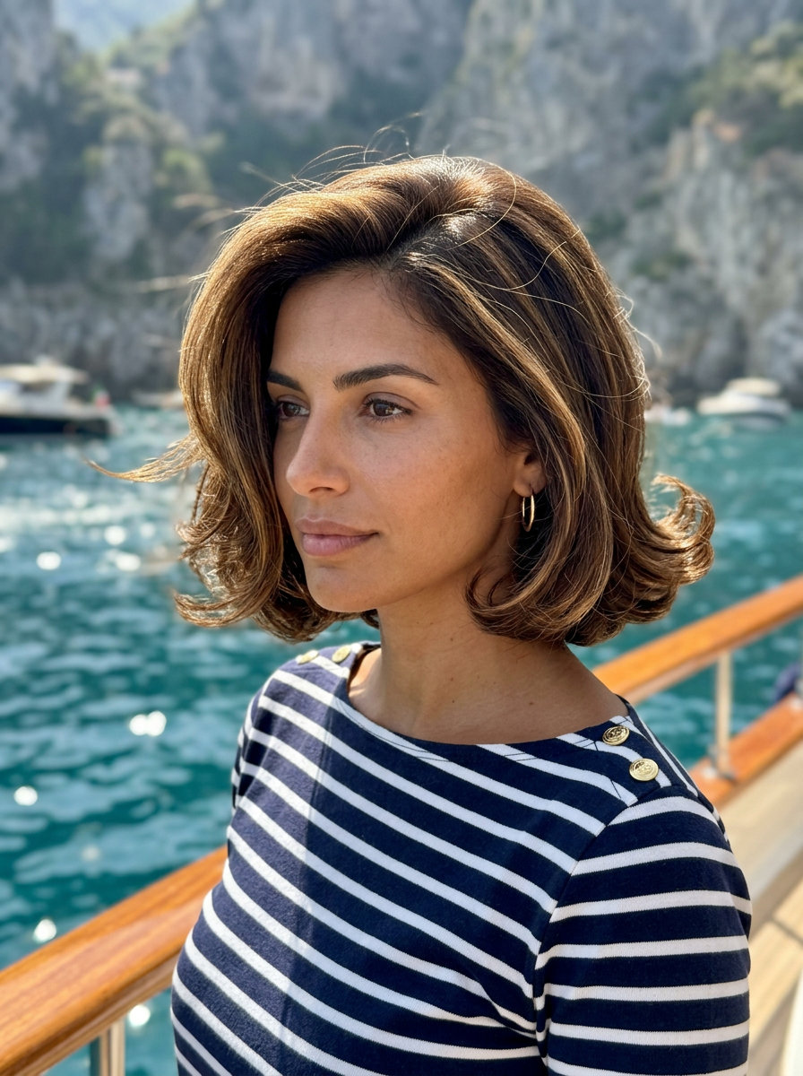 chin-length bob haircut with caramel balayage, blunt perimeter for chic brunch