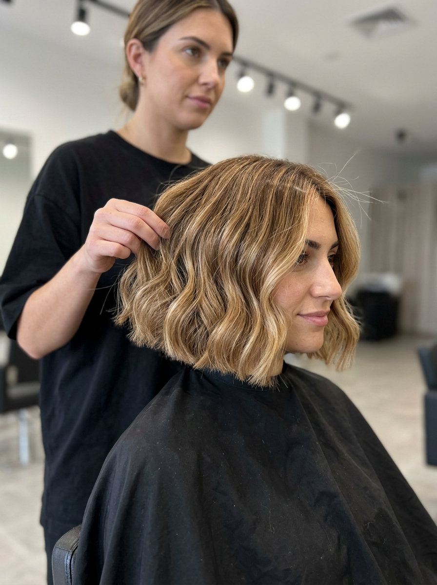 chin-length blunt bob haircut with caramel balayage, invisible layers, no bangs — soft breezy