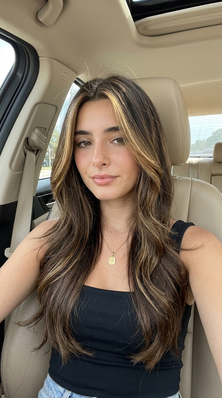 long caramel balayage waves on deep espresso brunette with face-framing highlights for romance