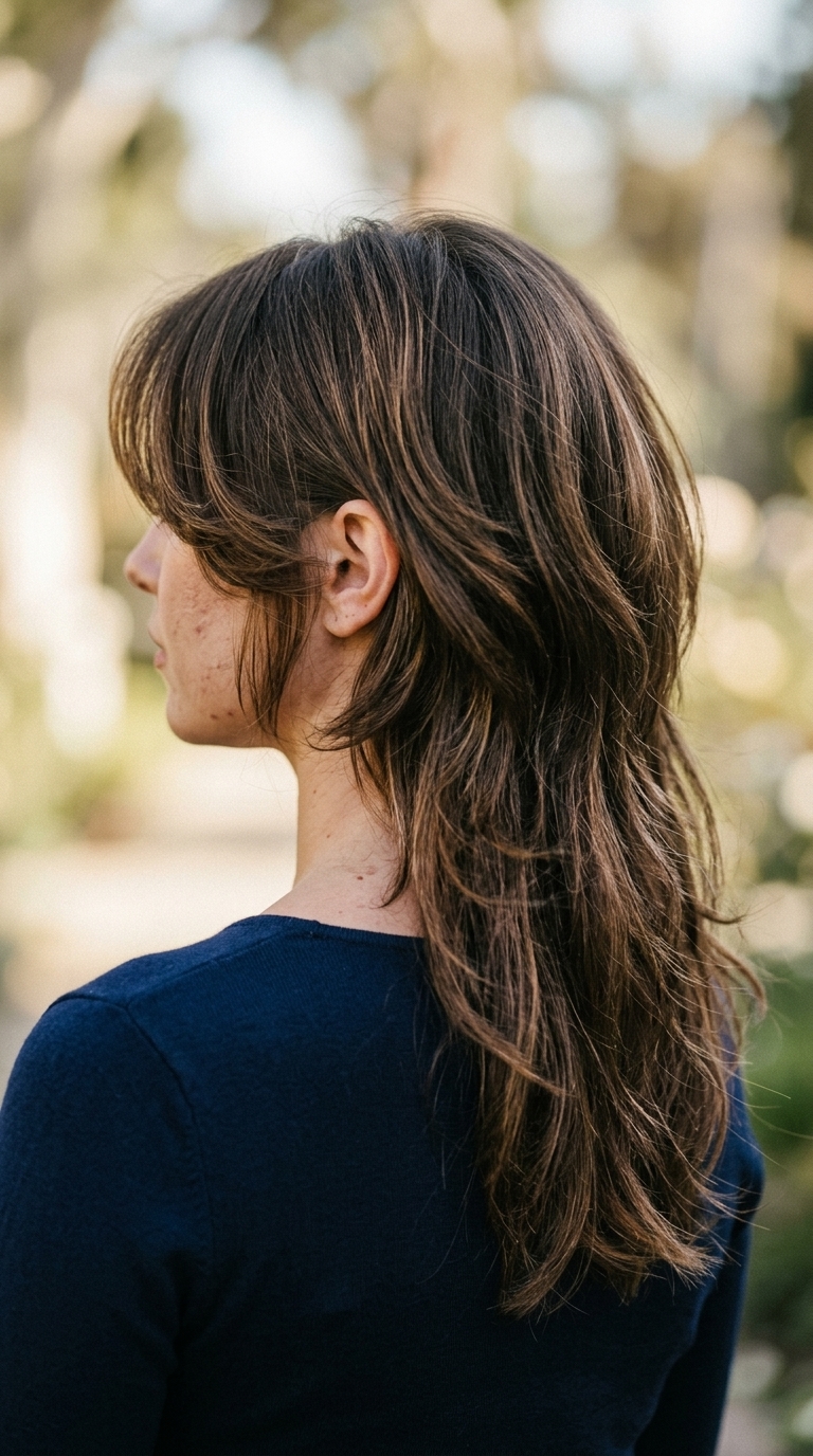 long caramel blonde mullet with butterfly layers and natural roots for glamorous events
