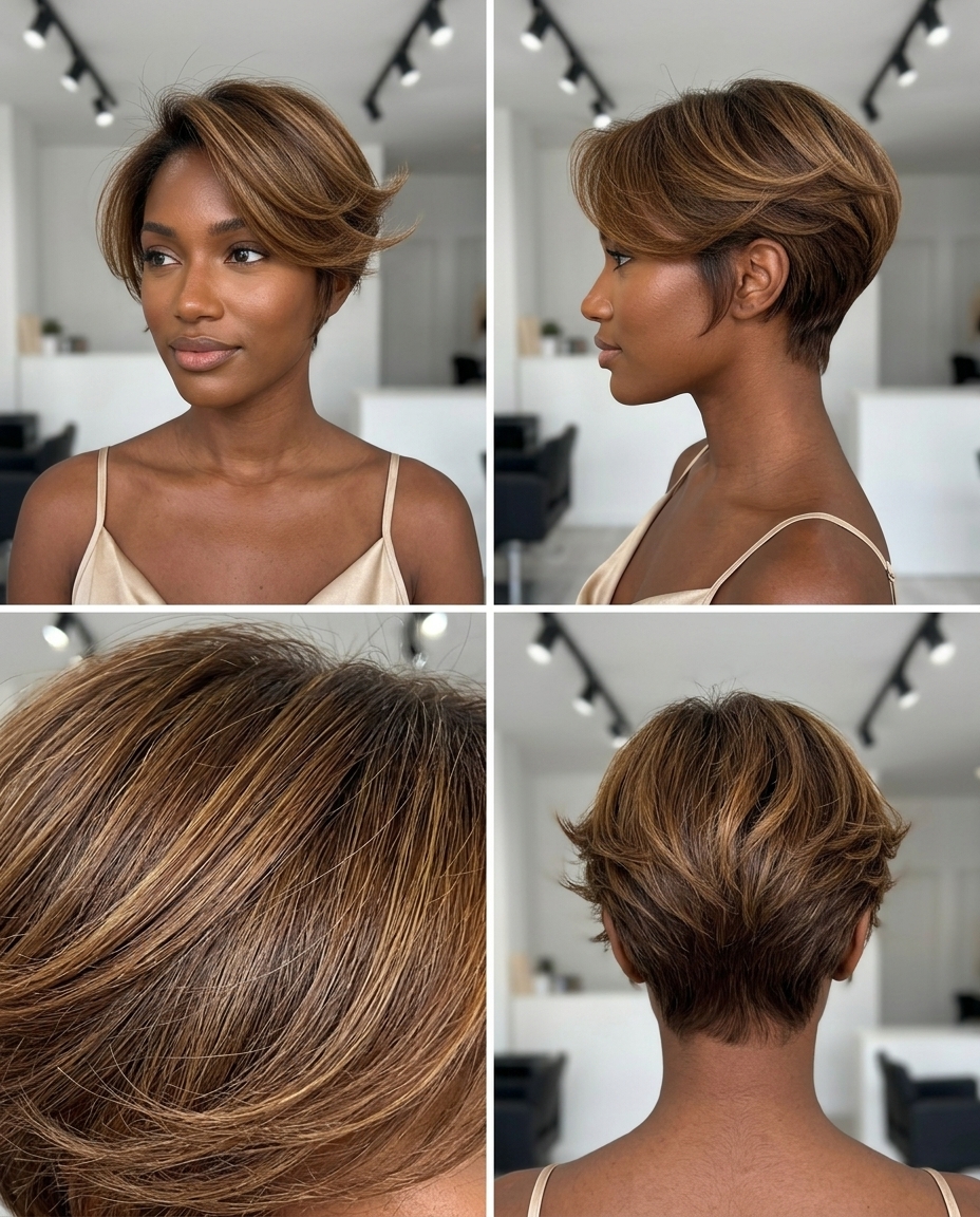 very short pixie haircut with warm caramel highlights and outward flicked ends for summer