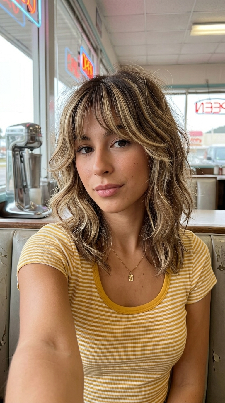 medium caramel shag haircut with yellow-white highlights and curtain bangs for summer