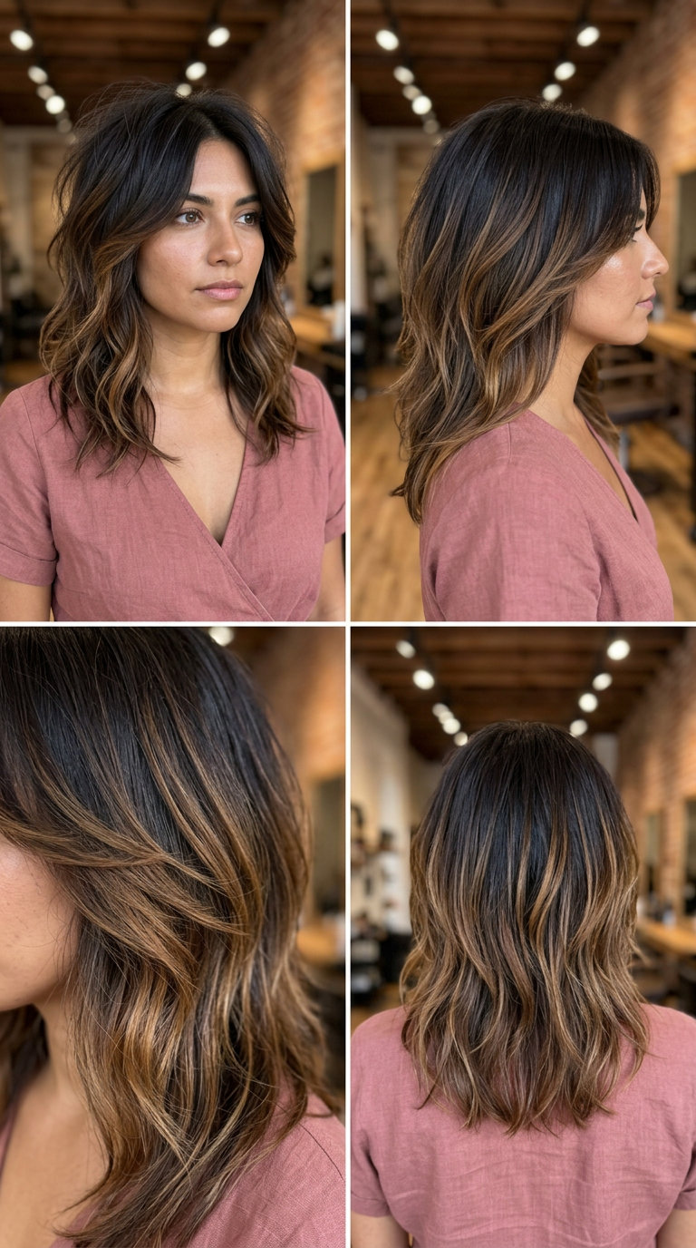 Bohemian Caramel Ombré Wolf Cut 2026 medium wolf cut in caramel ombré, golden caramel, razored ends — playful bohemian