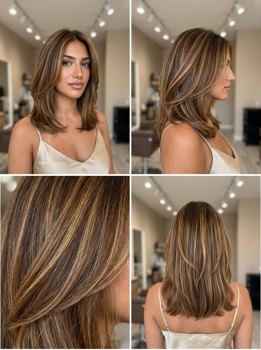 long caramel swirl honey highlights with rich brunette base, warm caramel ribbons, golden — playful, dimensional