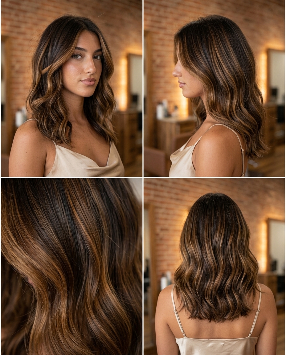 long caramel swirl brunette with golden highlights for summer 2026