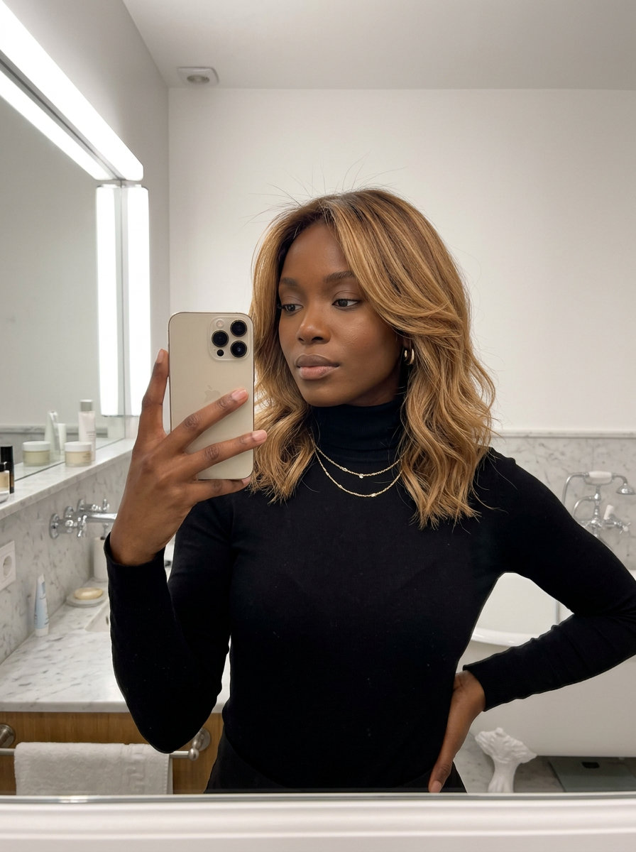 long layered honey blonde hair color with caramel balayage, root melt, no fringe — warm sophisticated date night
