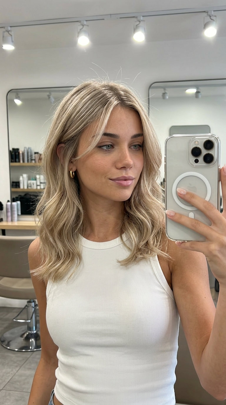 Champagne Ash Blonde Gloss 2026 long layered haircut Champagne Ash Blonde with subtle gold, diffused highlights — romantic & sophisticated