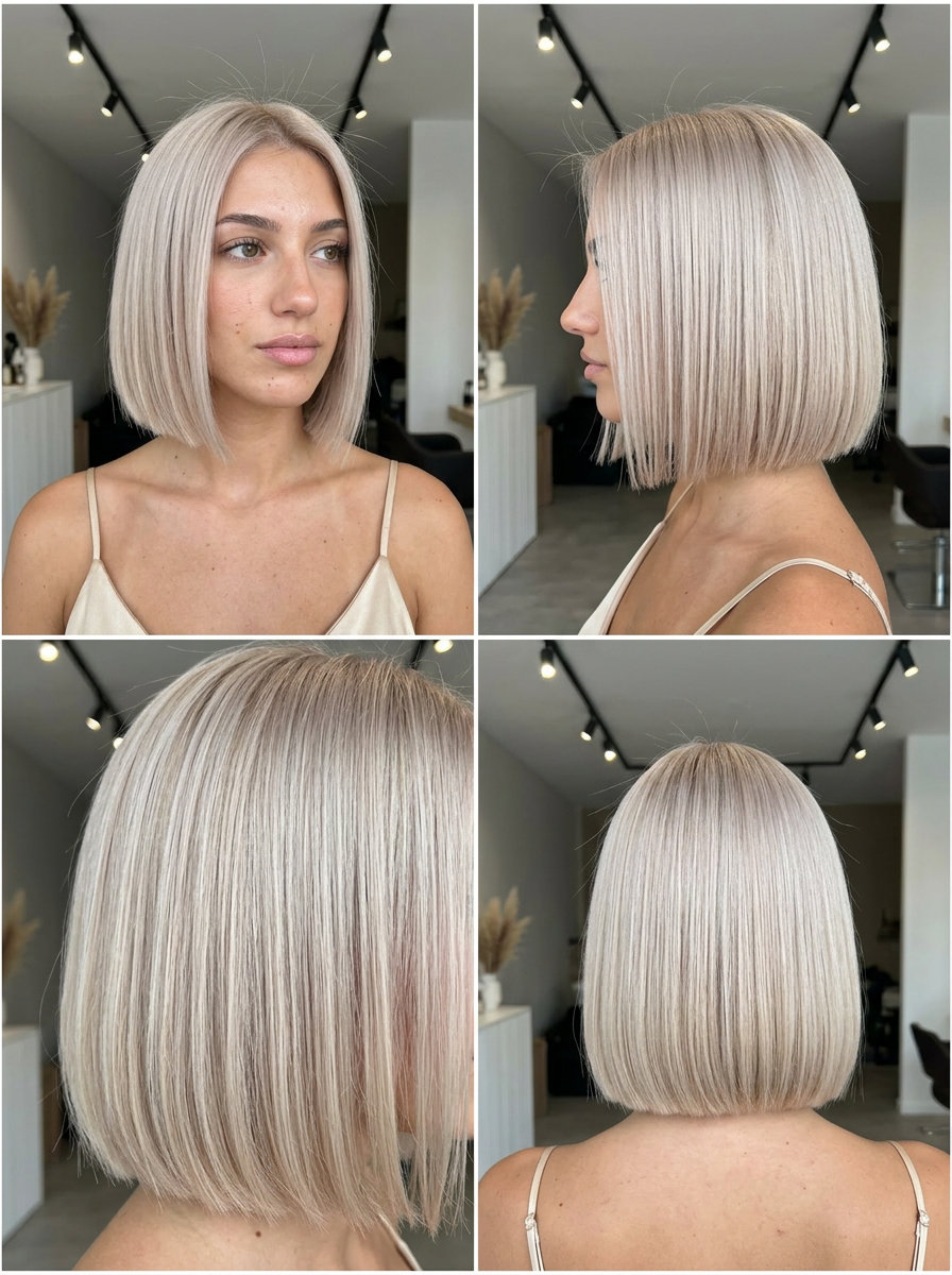 chin-length blunt bob haircut in cool champagne blonde with pearlescent undertones, sharp perimeter, for formal event