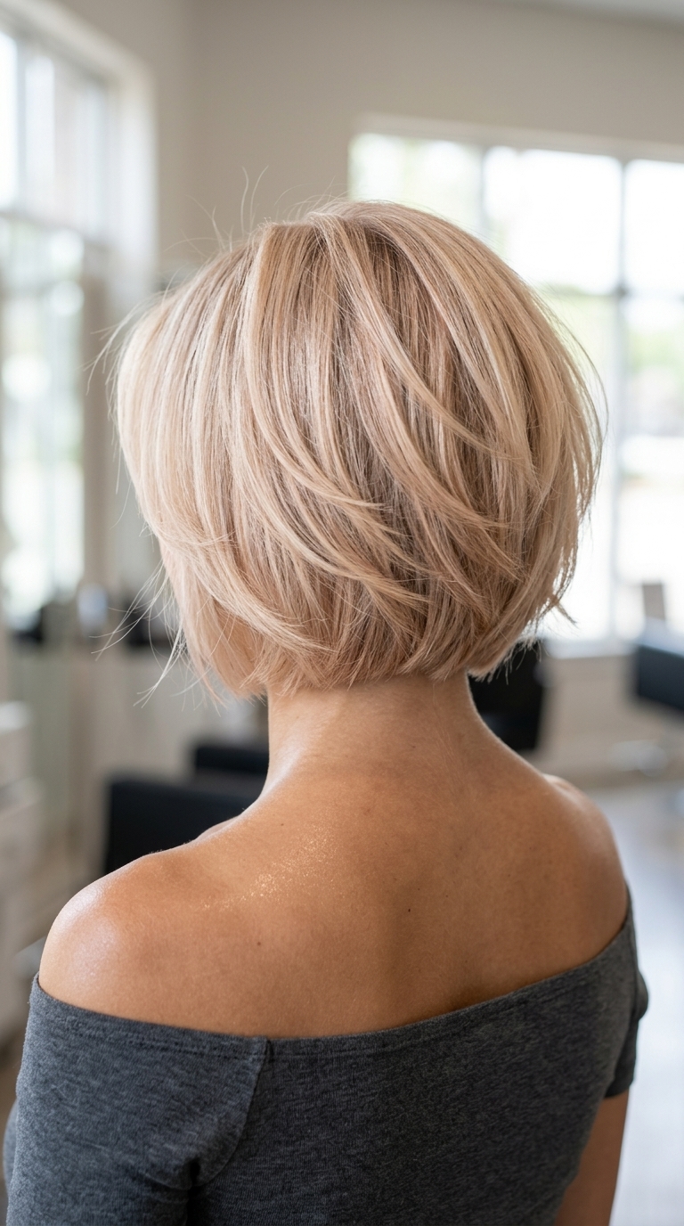 short french bob haircut in pale champagne blonde with rose gold undertones and wispy fringe for summer party