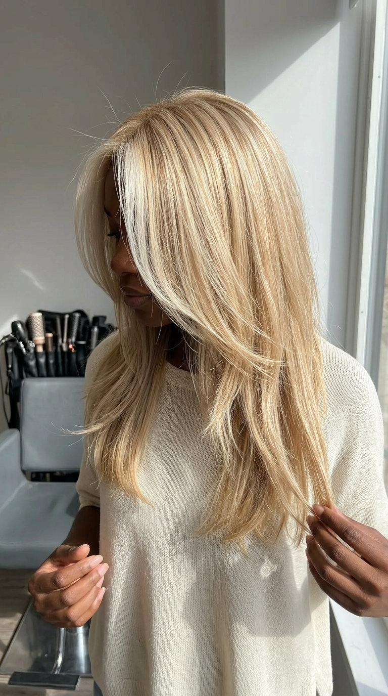 long point-cut layers with champagne honey blonde and icy face frame for summer