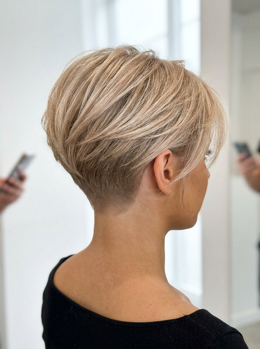 short champagne honey blonde crop with textured layers and sharp fade for summer
