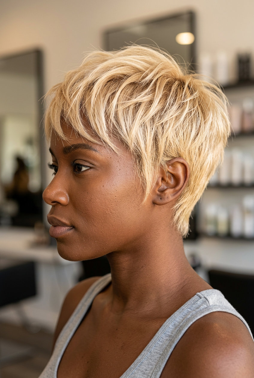 short choppy pixie with champagne honey blonde and minimal root shadow for summer