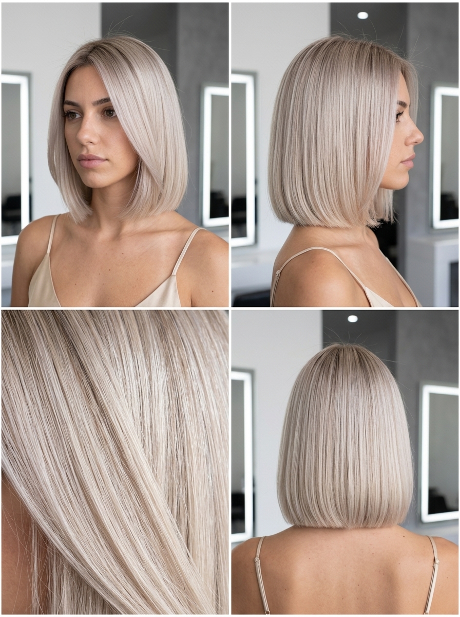 medium champagne ice bob with pearl-violet undertones, root shadow — elegant chic polished