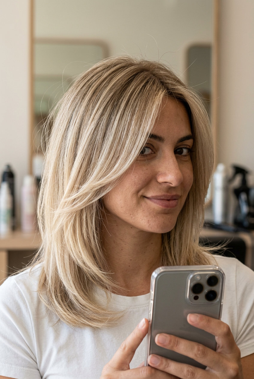 long champagne blonde hair color with light blonde root, reverse balayage technique — European summer vacation