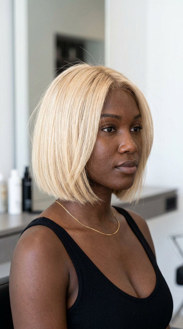 short razor cut bob honey blonde hair color with beige tones, root smudge, no fringe — edgy glamorous night out
