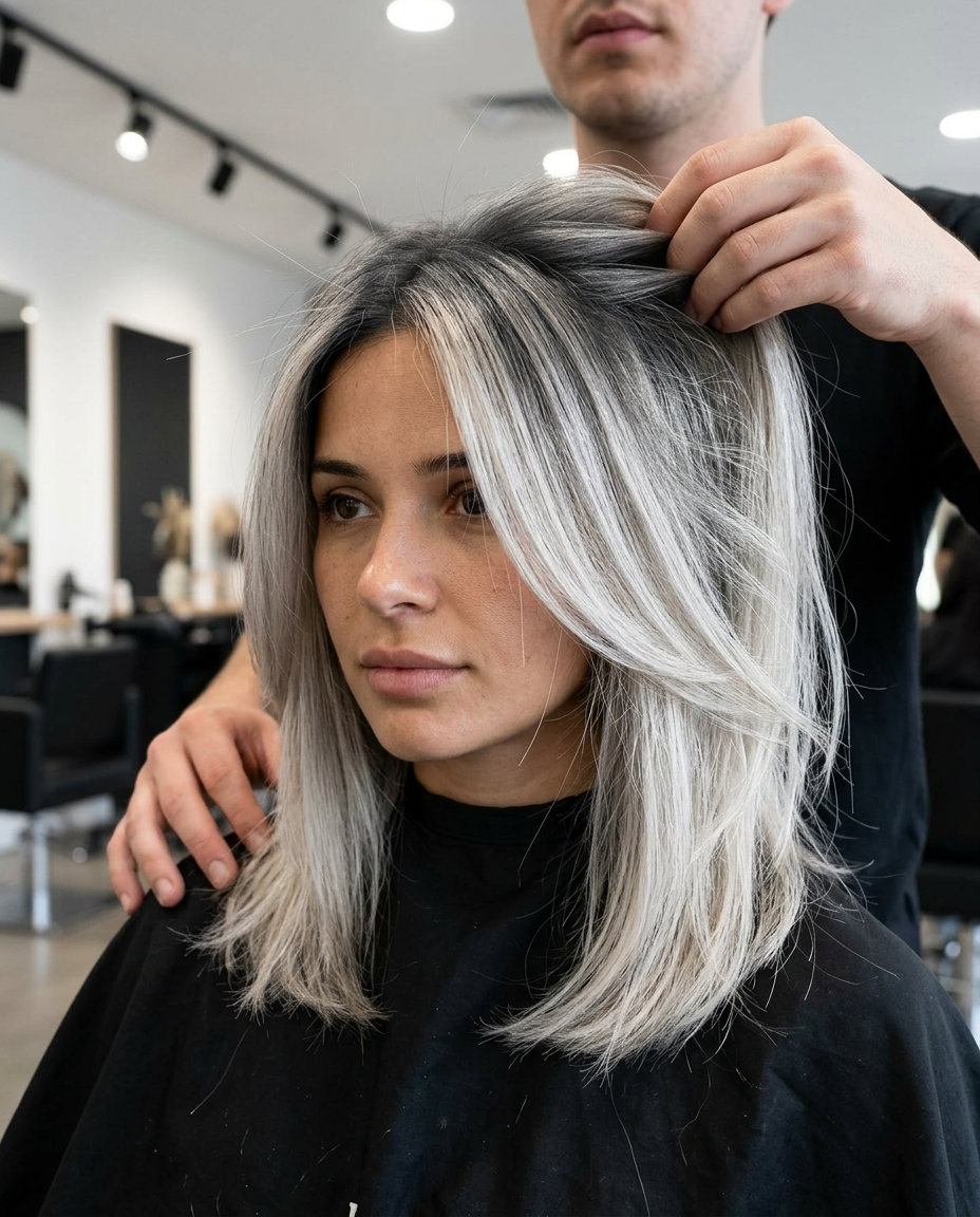 Charcoal Root Melt Ash Blonde 2026 long ash blonde hair color with Charcoal Root Melt, edgy and bold