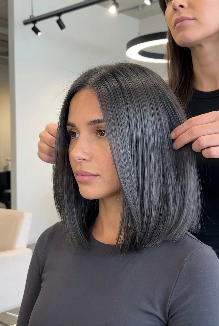 short charcoal slate grey bob with silver reflections, blunt cut — edgy sophisticated