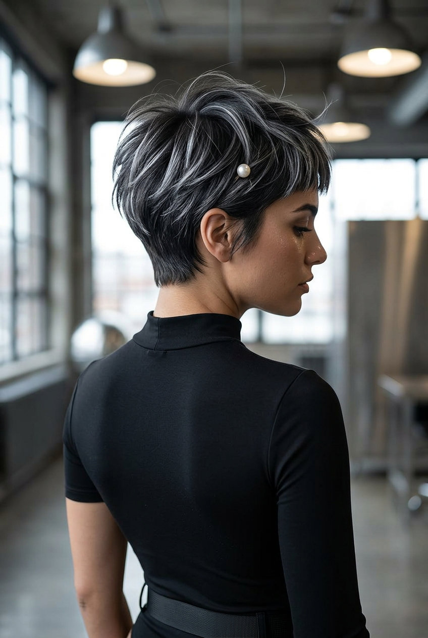 short choppy pixie with charcoal base, silver streaks, and micro-fringe for summer