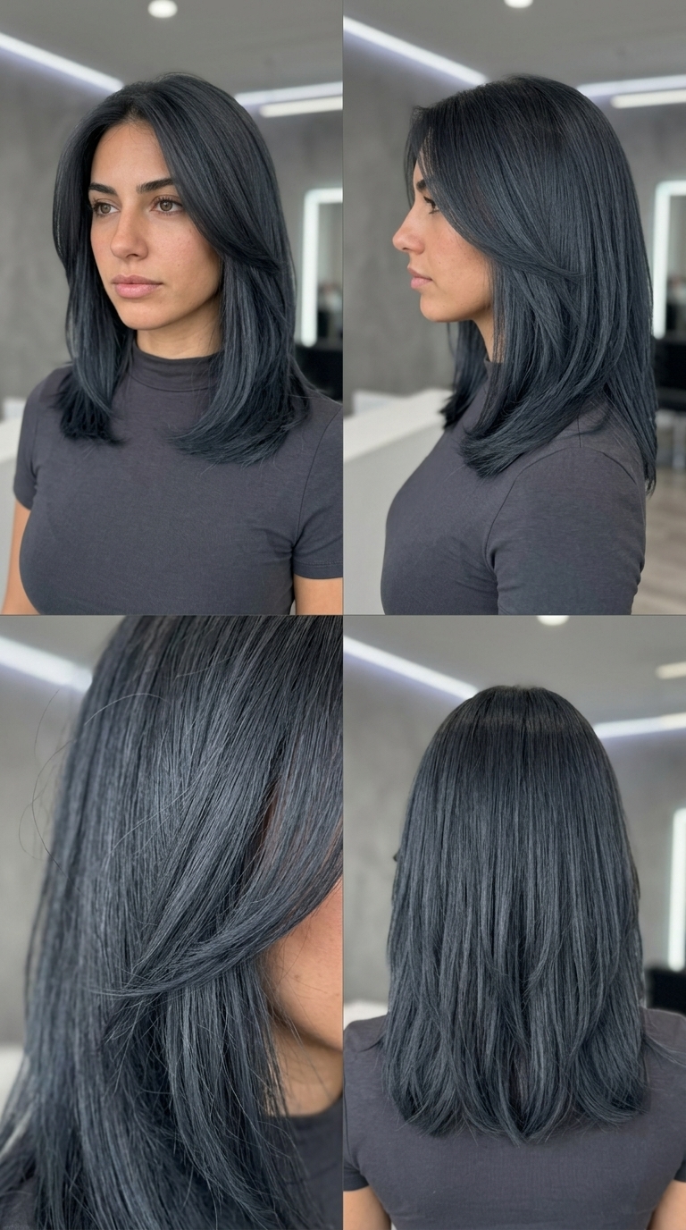 medium charcoal slate shag with blue-black undertones, deconstructed layers — edgy modern sophisticated
