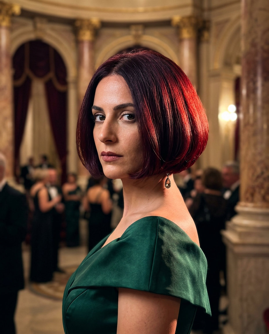 chin-length blunt bob in cherry cola red with black cherry undertones for glamour