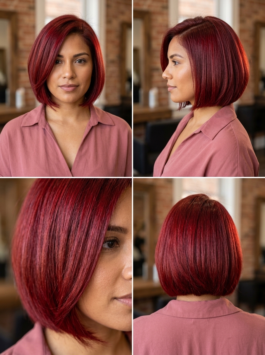 chin-length italian bob haircut in cherry cola red with glossy finish, subtle A-line shape — glamorous retro style