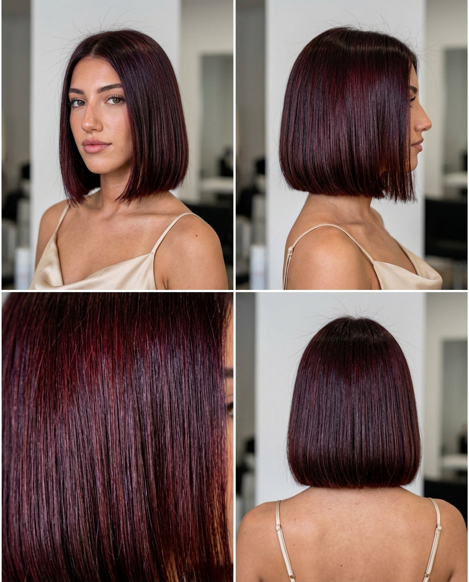 chin-length cherry cola bob haircut with red-violet undertones, blunt ends for a dramatic look