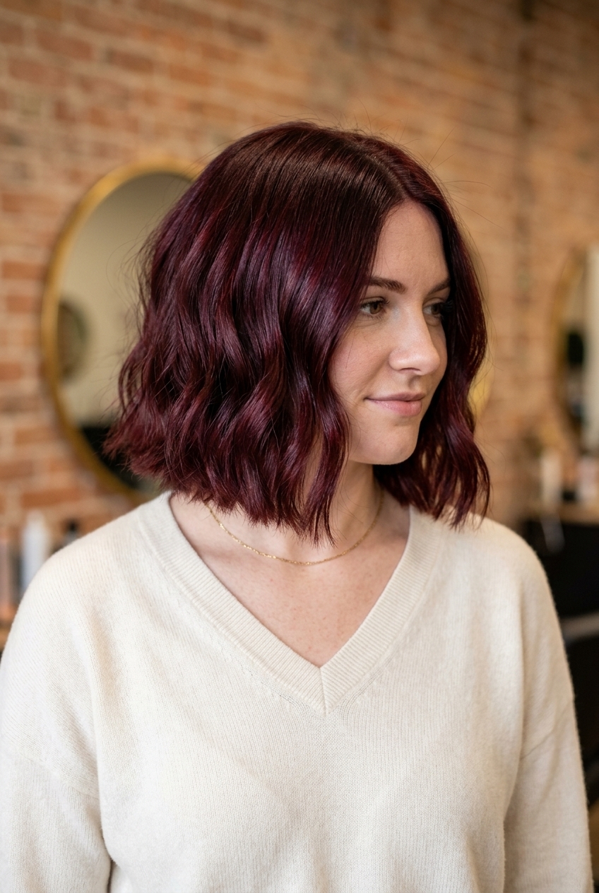 chin-length blunt bob haircut in deep cherry cola red with violet undertones, textured finish, for music festival