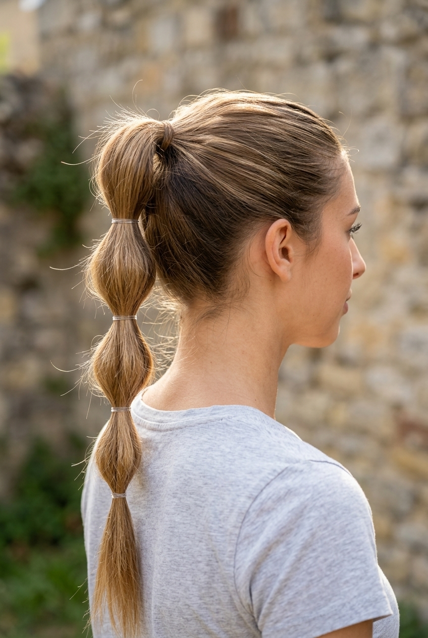 long vibrant cherry cola red bubble braid ponytail with no fringe — playful, youthful summer style