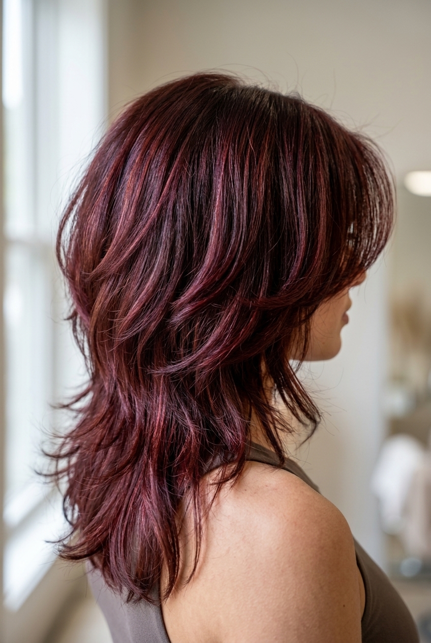 long cherry cola butterfly mullet with face-framing layers, bouncy back, no fringe — bold glamorous