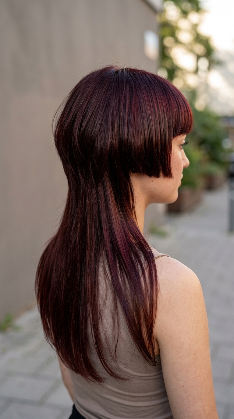 long cherry cola jellyfish mullet with blunt bowl cut top, wispy back, no fringe — edgy dramatic
