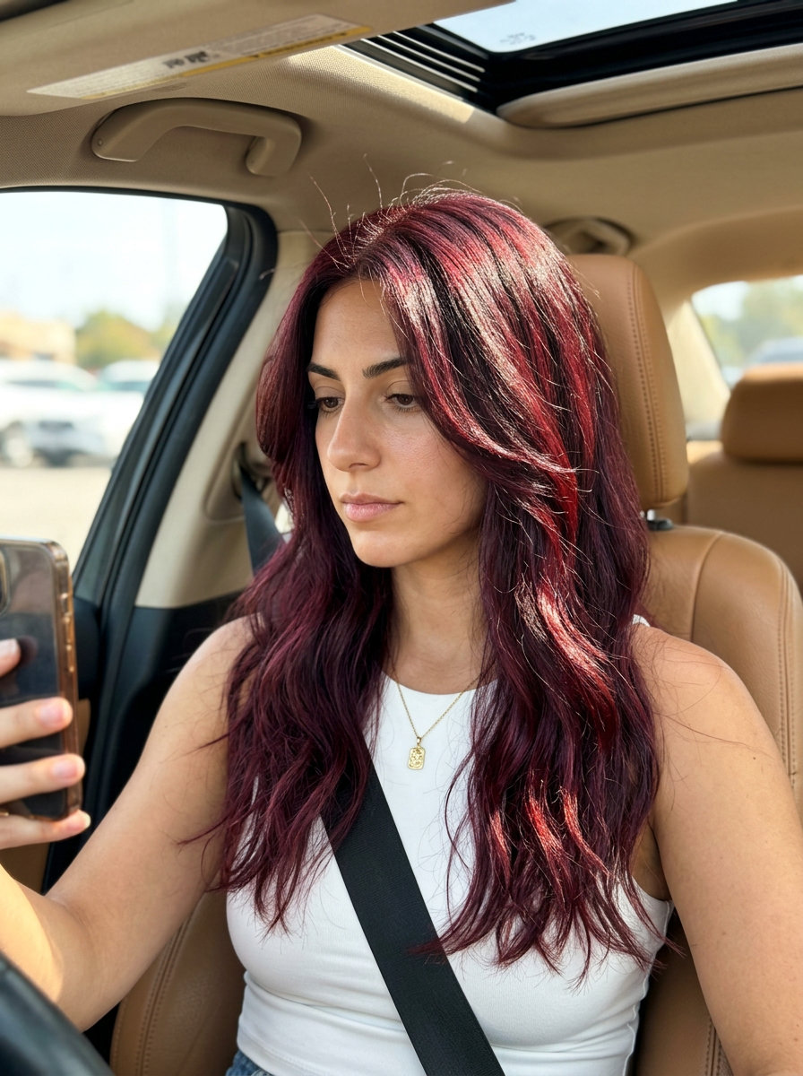 long layered burgundy haircut with cherry cola color and curve cut for playful looks