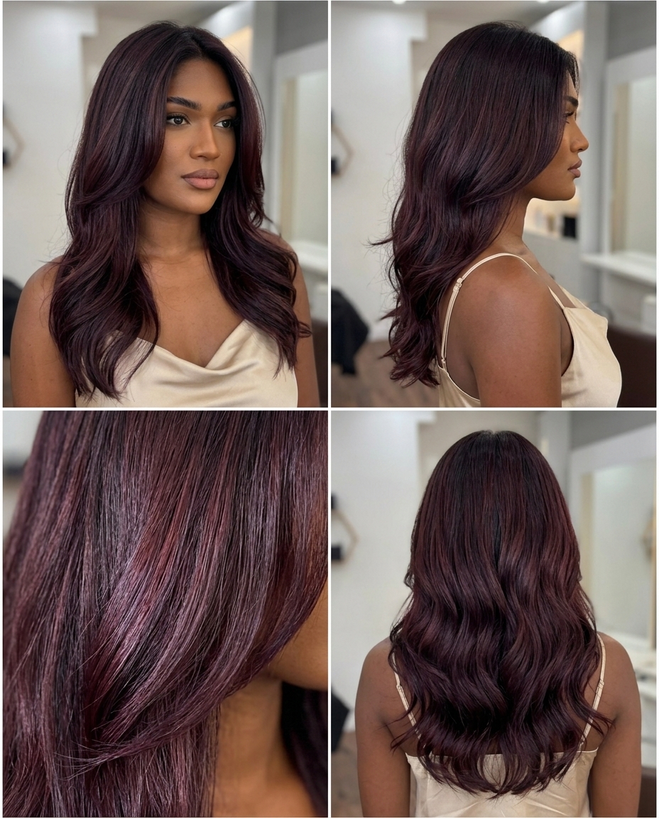 long layered haircut with deep cherry cola red color and black lowlights, face-framing layers — romantic alluring
