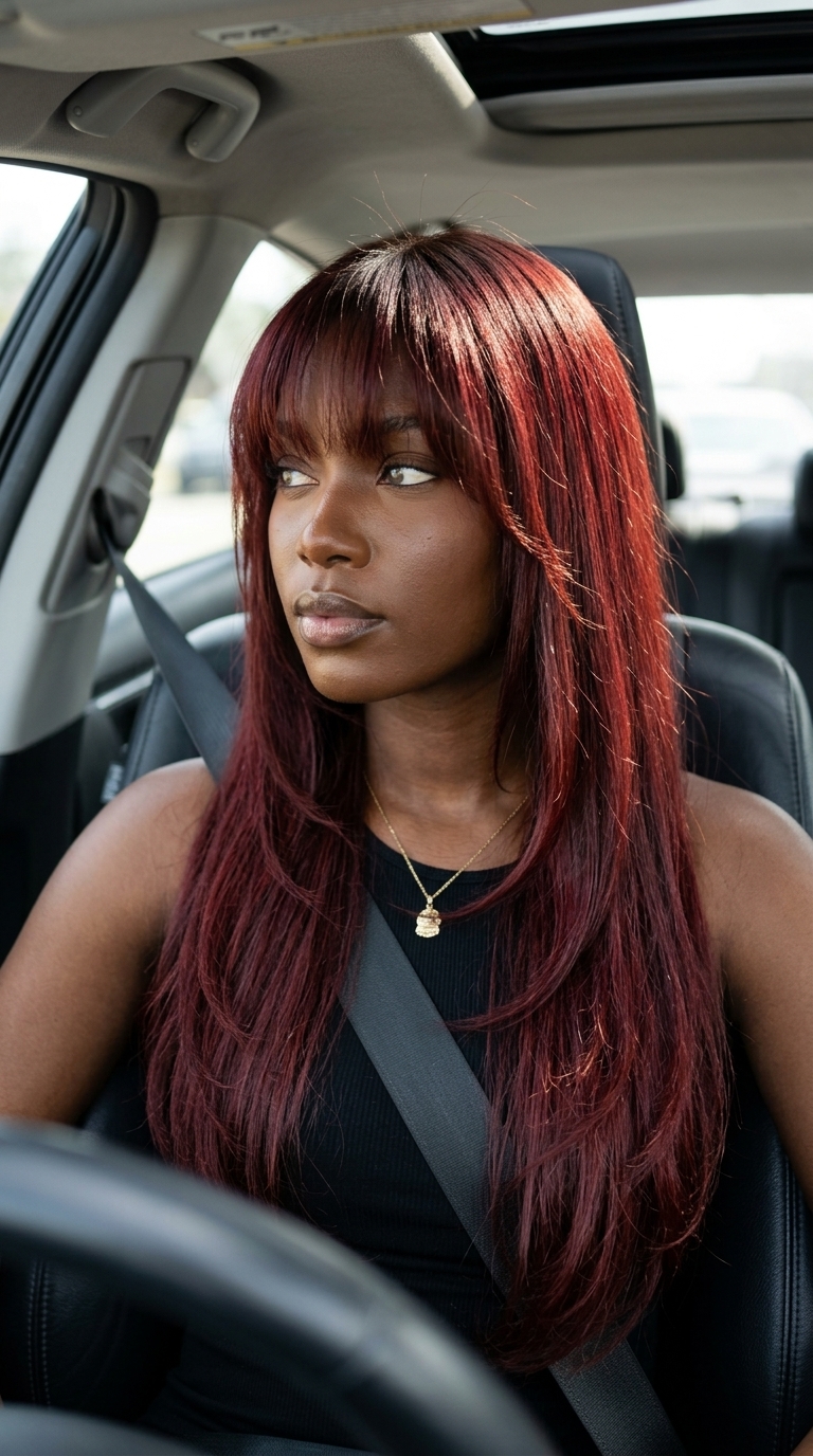 waist-length layered cut with cherry cola red hair, violet-red overlay, and sheer wispy bangs for summer 2026