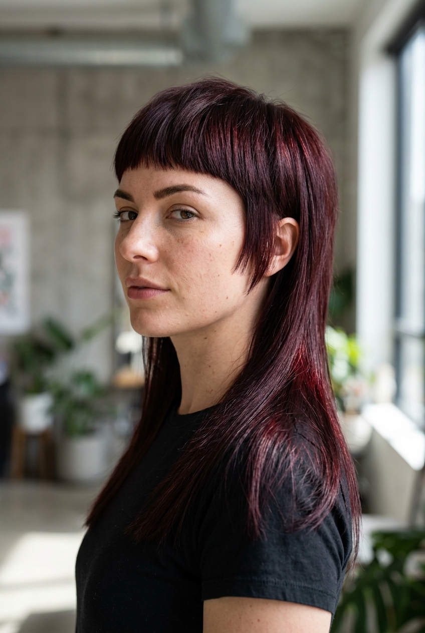 long cherry cola mullet with blunt transitions and very short sides for graphic style