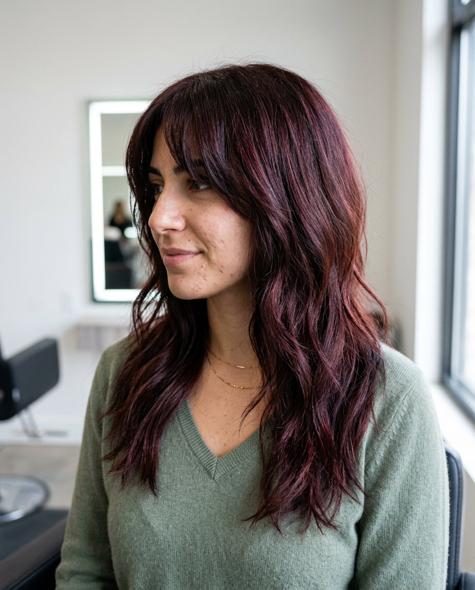 long shag haircut with curtain bangs in cherry cola brunette for summer 2026
