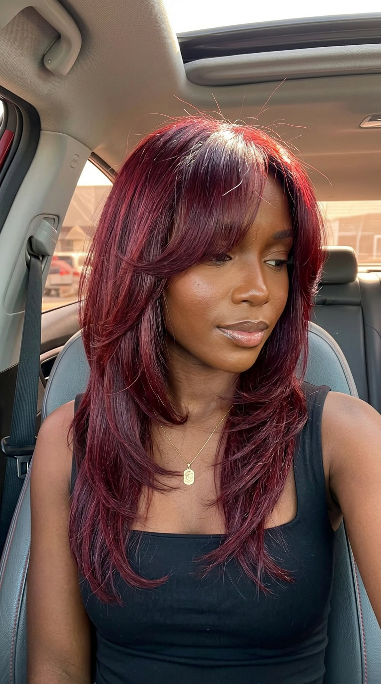 Summer Wolf Cut 2026: Sultry Cherry Cola Shag long cherry cola red wolf cut with sweeping curtain bangs and feathered layers for summer