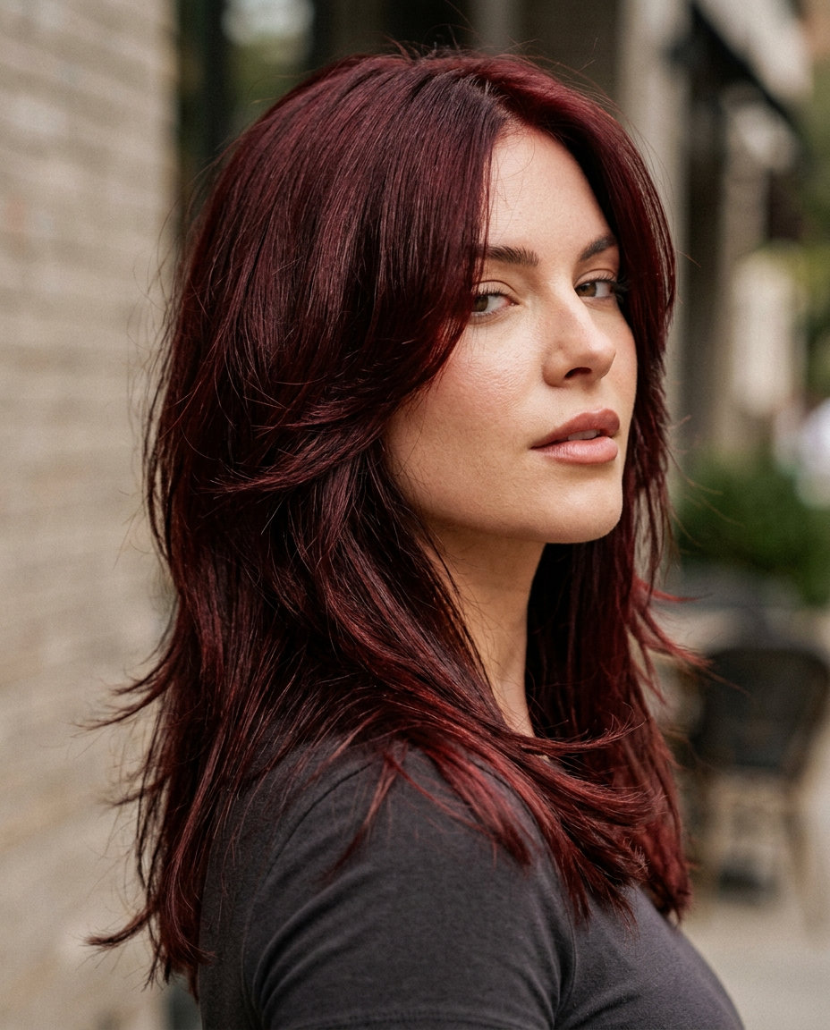 Bold Cherry Cola Wolf Cut 2026: Sultry & Chic long wolf cut in deep cherry cola red, violet undertones, razored ends — sultry date night