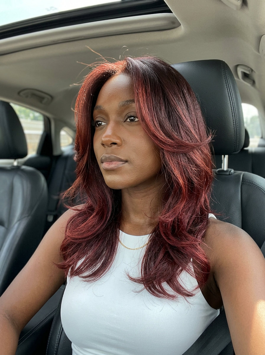 medium cherry cola ombre with red-violet and mahogany brown, cascading layers, face-framing pieces — bold festival look