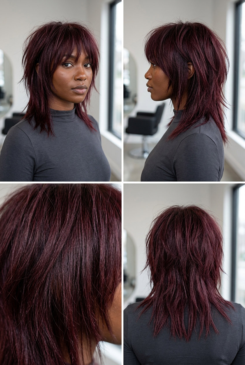 medium cherry cola shag with red-violet saturation and brow-skimming fringe for summer