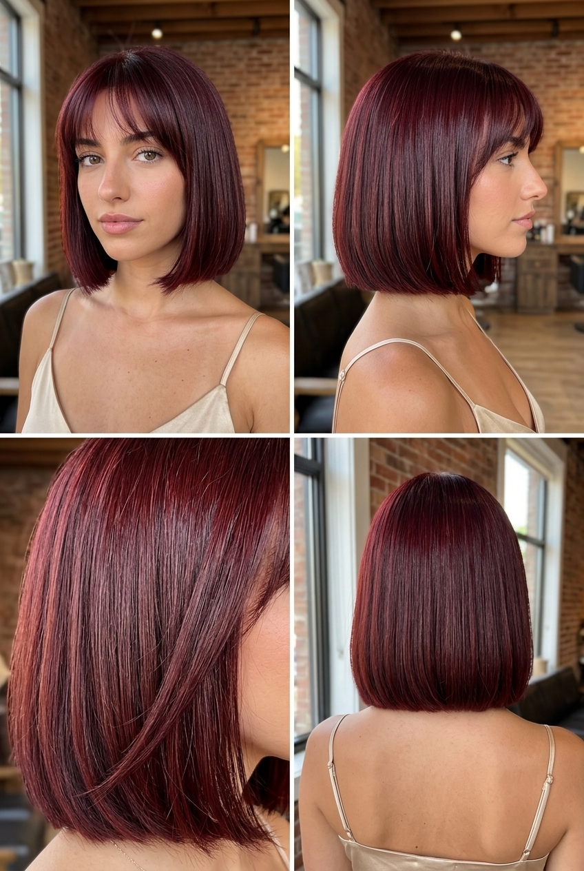 short cherry cola red wispy bangs haircut with blunt perimeter for summer