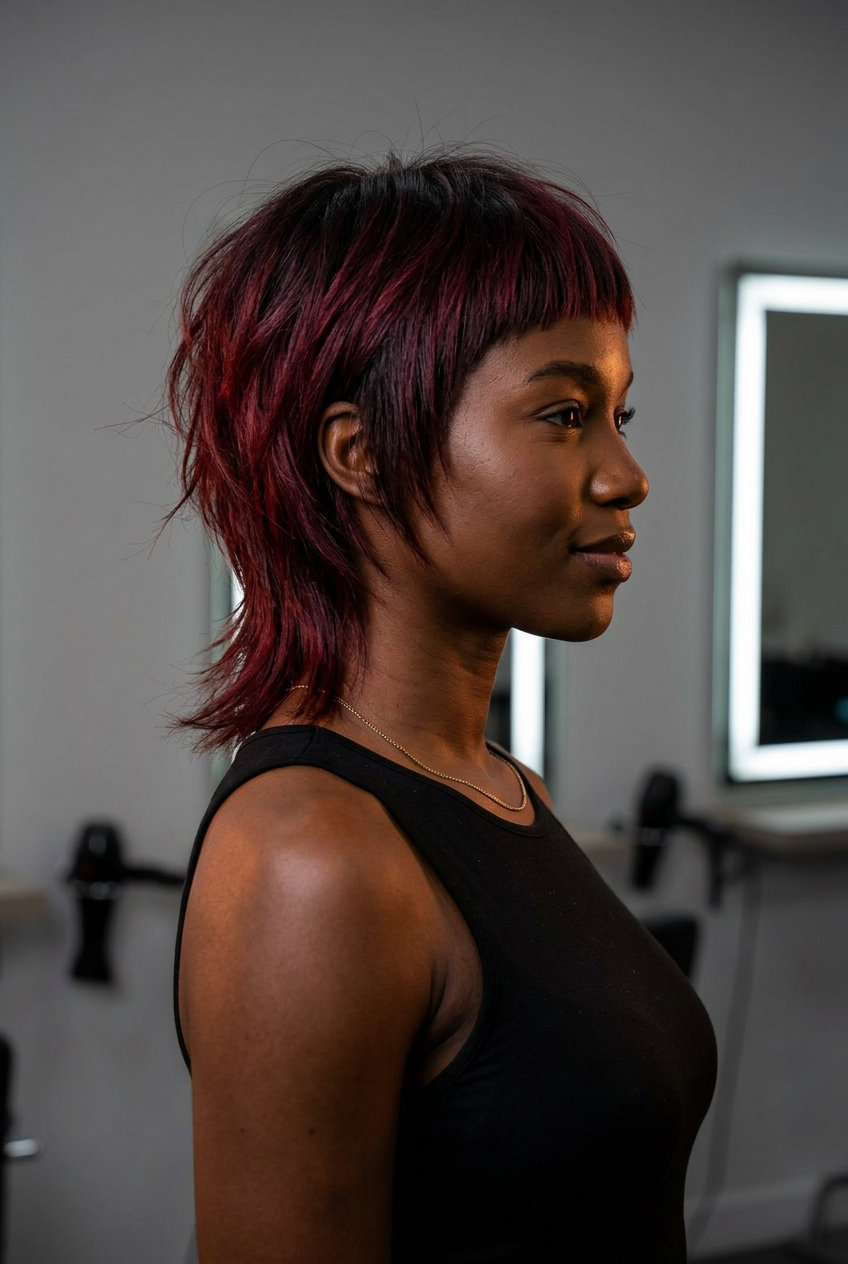 short shullet with cherry cola red, espresso roots, micro-fringe — edgy concert style