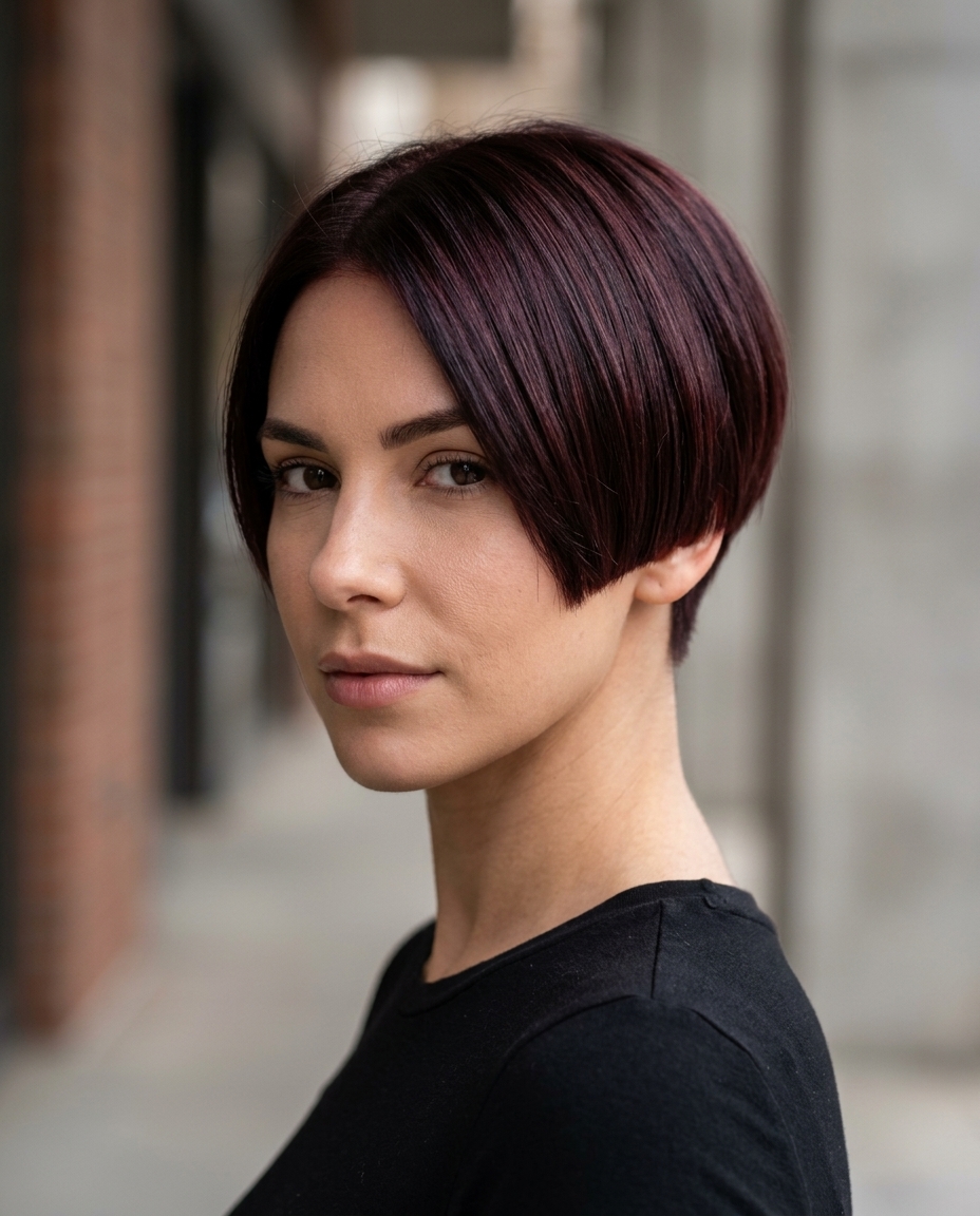 very short blunt pixie haircut in cherry cola red with micro-fringe for summer