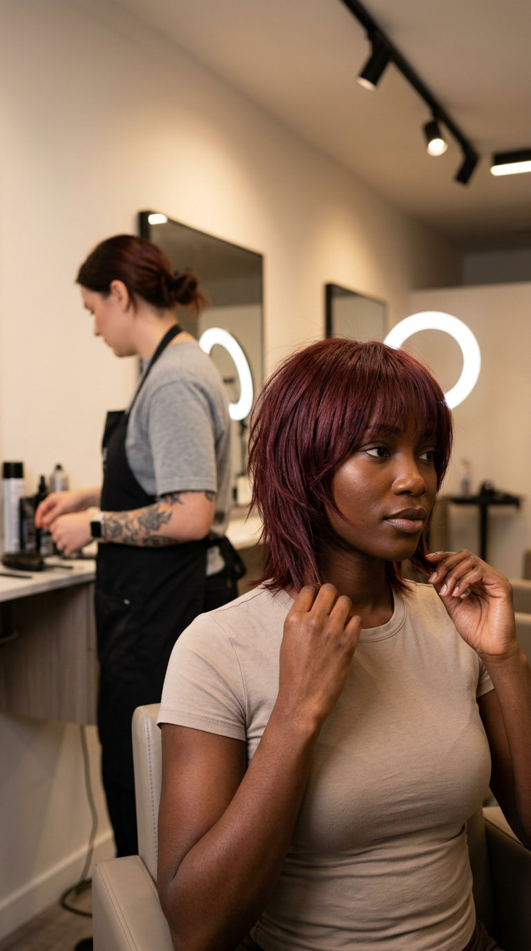 short cherry cola bixie haircut with violet undertones, razored choppy texture and feathered fringe for a bold look