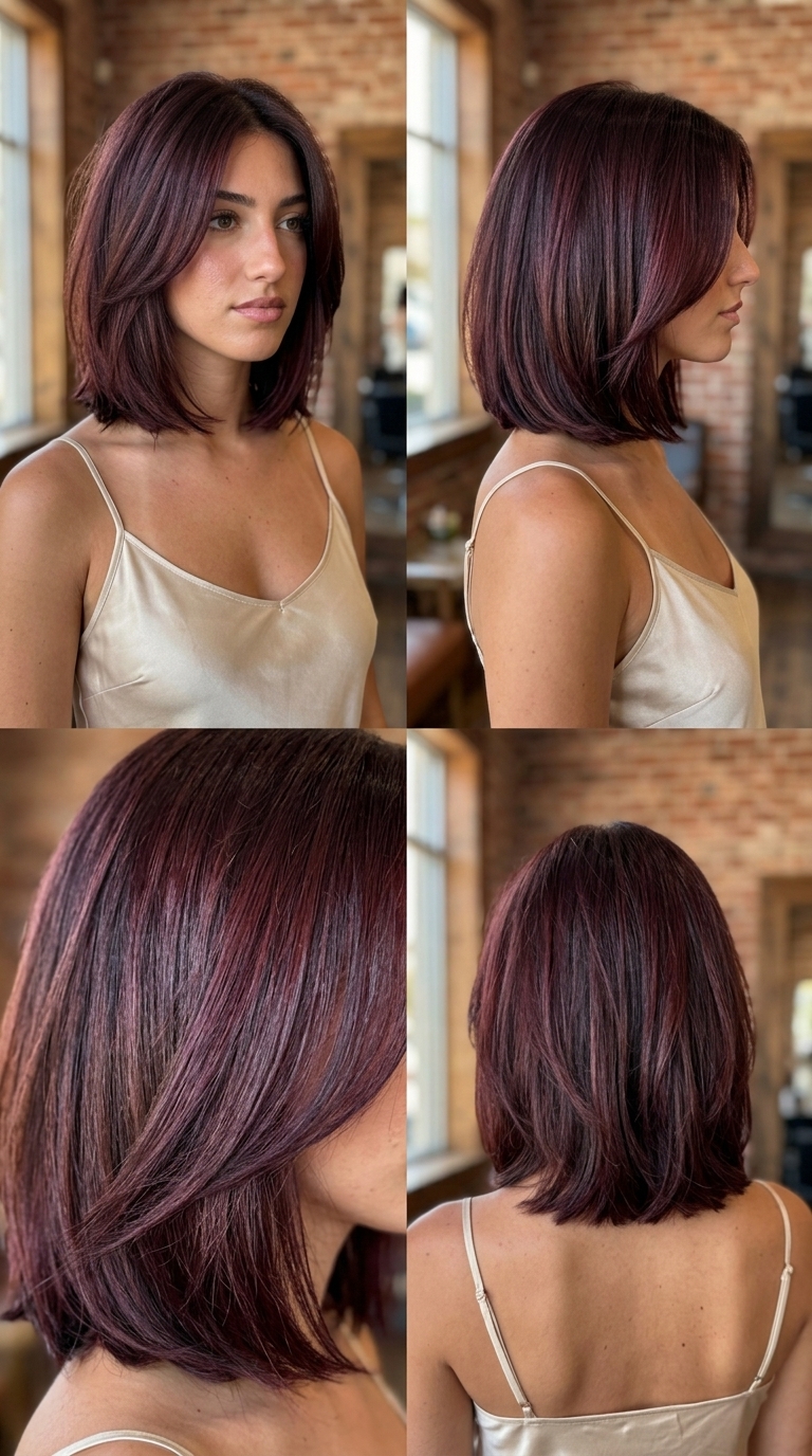 short burgundy bob with cherry cola color, textured layers, and blunt ends for summer