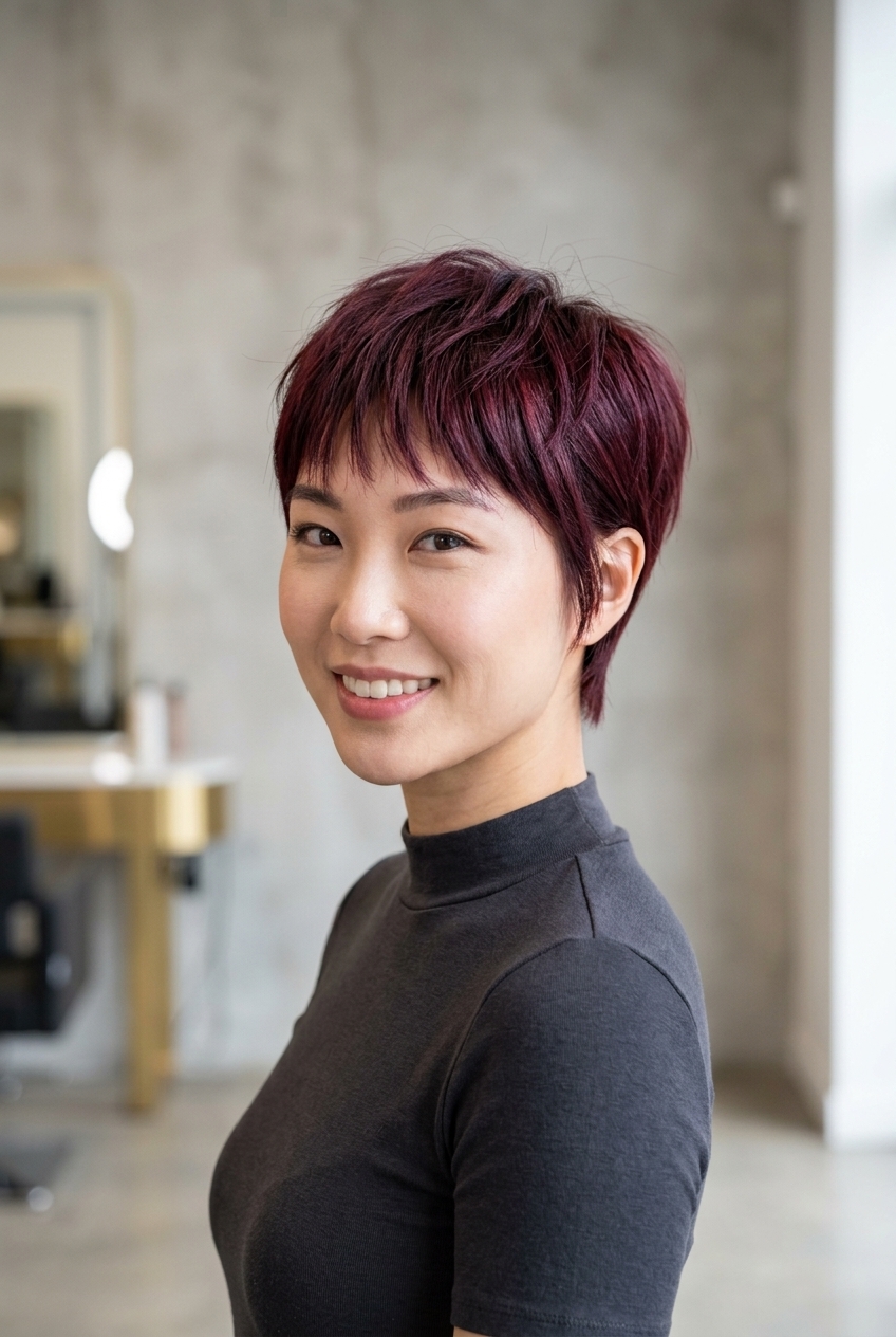 short pixie cut with cherry cola red hair, violet undertones, and razored wispy bangs for summer 2026